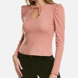 1.State Ribbed Puff Long Sleeve Front Tie Top in clay rose color size M